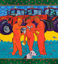 THREE TRACTOR DRIVERS AND A DOG